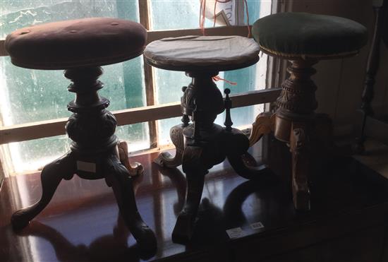 Victorian carved oak adjustable piano stool and 2 others(-)